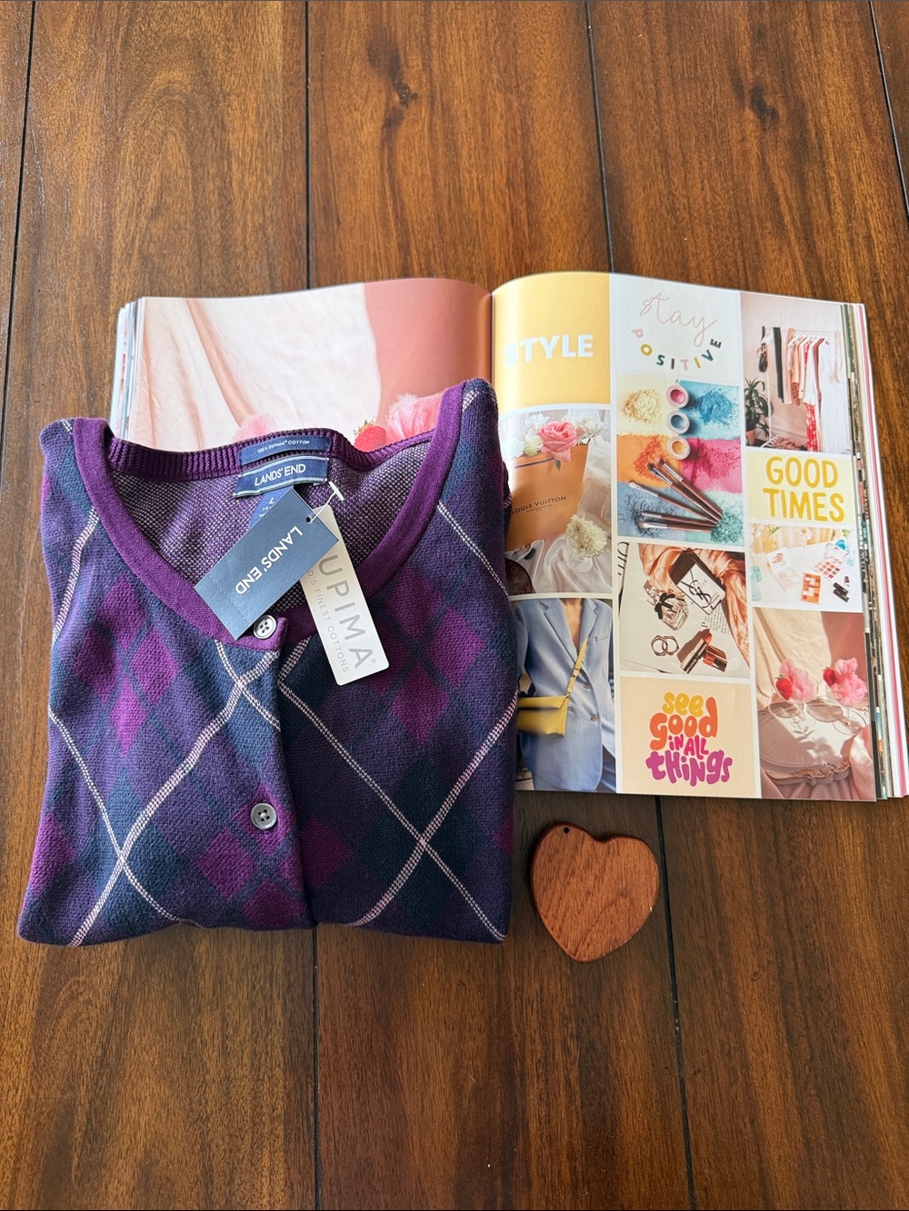 Lands' End Plum and Magenta Argyle Button Cardigan Cotton Sz Large